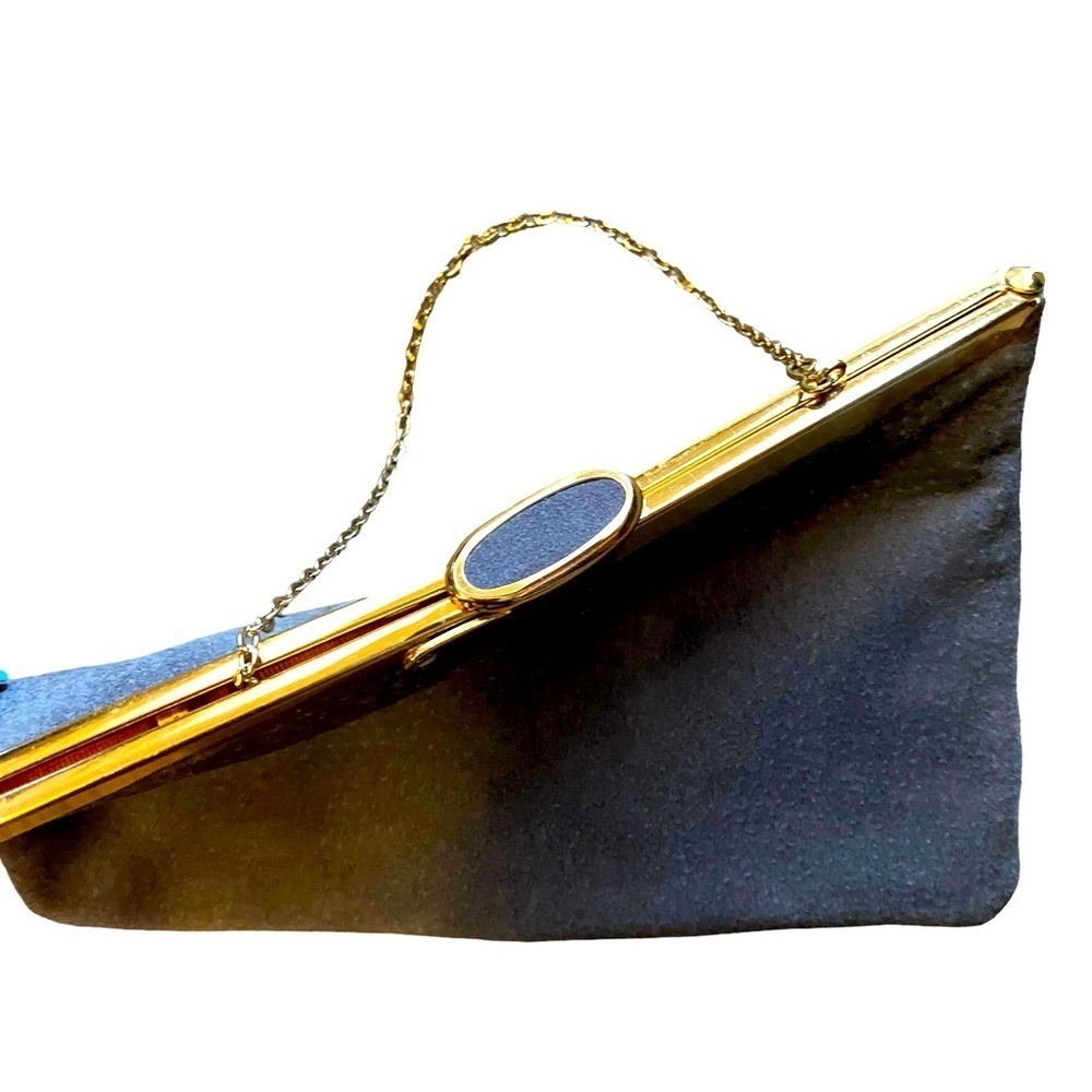 Vintage 70’s ETRA Gray Suede Fold Open Clutch Handbag w/ Gold-tone Trim & Chain - Picture 2 of 6